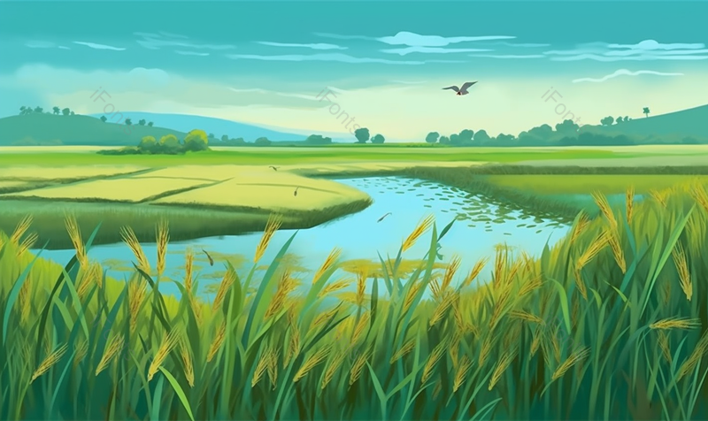稻田春季夏季节气乡村户外田野风景绿色清爽清凉插画,插画/手绘图,插画/手绘图库,插画/手绘图下载,插画/手绘